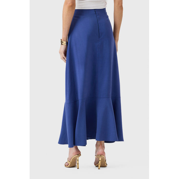 Saia Midi Flor de Lis Viscose Poliéster Liso Fechamento Zíper Azul