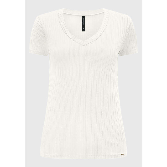 Blusa Lunender Viscose Elastano Malha Canelada Decote V Manga Curta Básica Off White