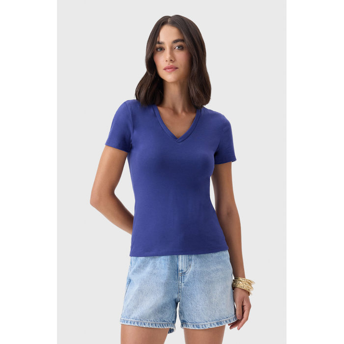 Blusa Flor de Lis Algodão Elastano Decote V Manga Curta Lisa Bege