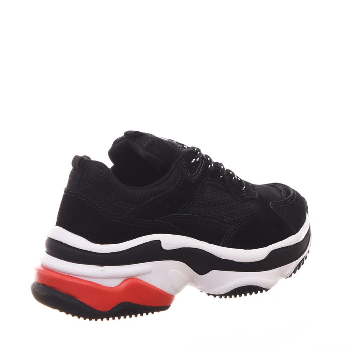 Tênis Chunky Qix Higher 18 Detalhe Tela Camurça Couro Preto e Vermelho