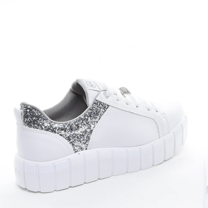 Tênis Flatform Via Marte Cadarço Detalhe Metal Strass Recortes Glitter Prata Solado Trabalhado Branc