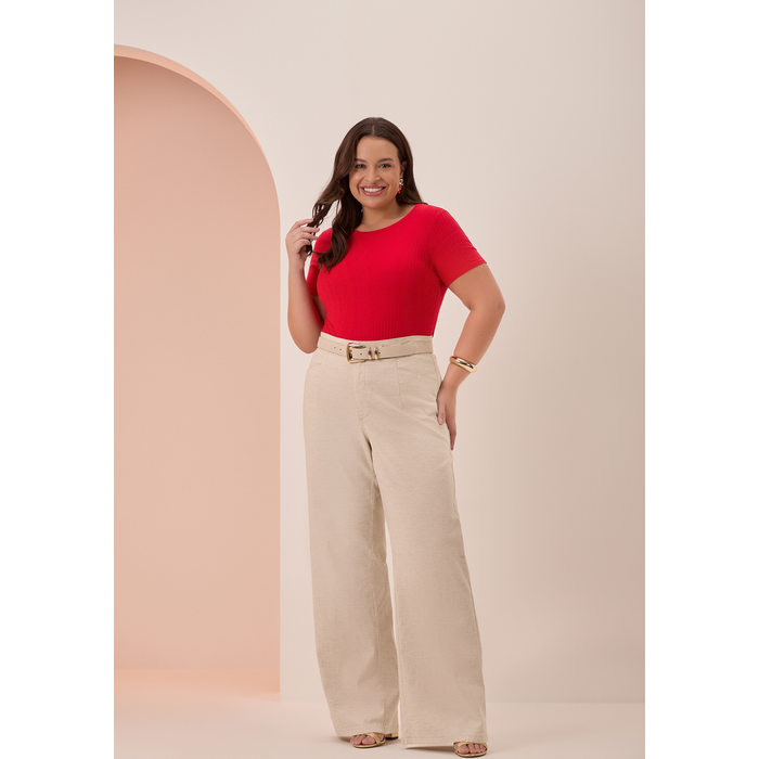 Blusa Lunender Viscose Elastano Malha Canelada Decote Redondo Básica Bege