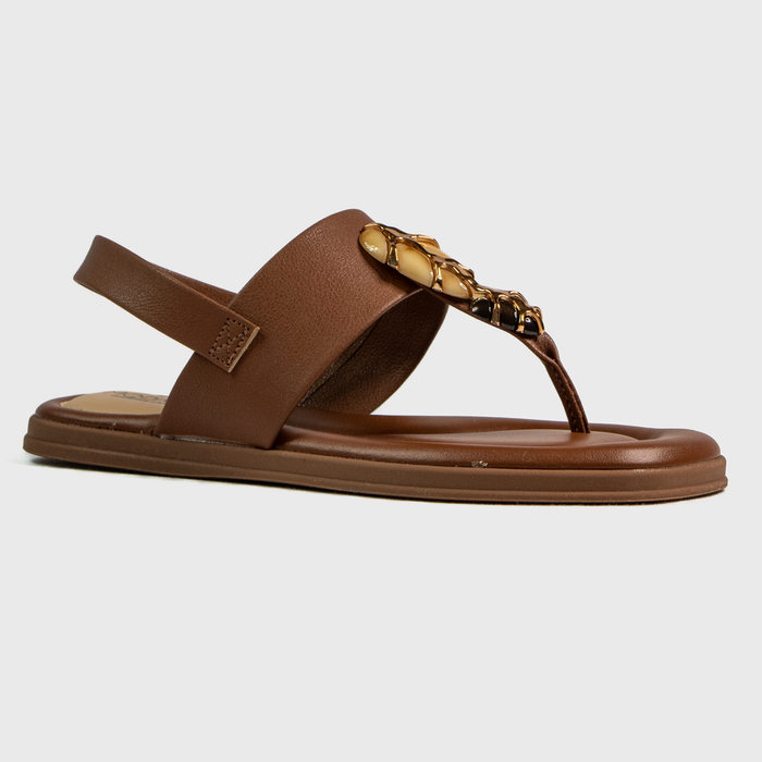 Sandália Modare Ultra Conforto Aplicação Pedras Salto Rasteira Posterior Elástico Marrom