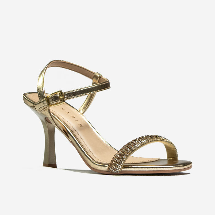 Sandália Ramarim Metalizada Tira Aplicação Strass Salto Médio Taça Dourado