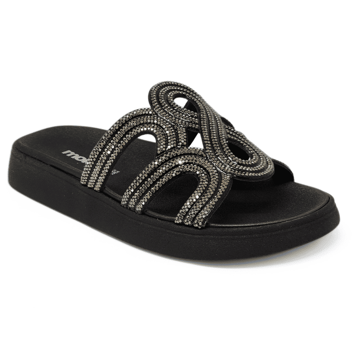 Rasteira Papete Moleca Cabedal Abstrato Vazado Aplicação Strass Preto