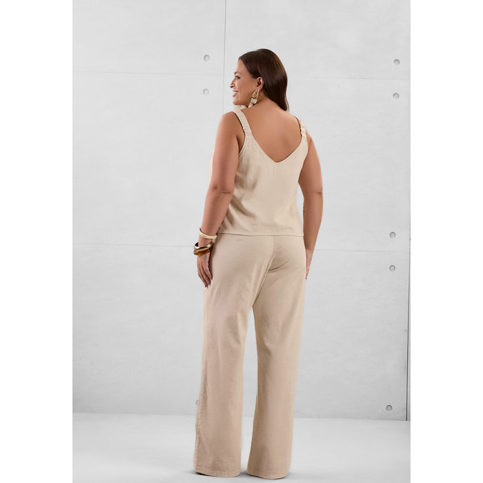 Calça Lunender Wide Leg AVL Lisa Bolso Frontal Embutido Bege