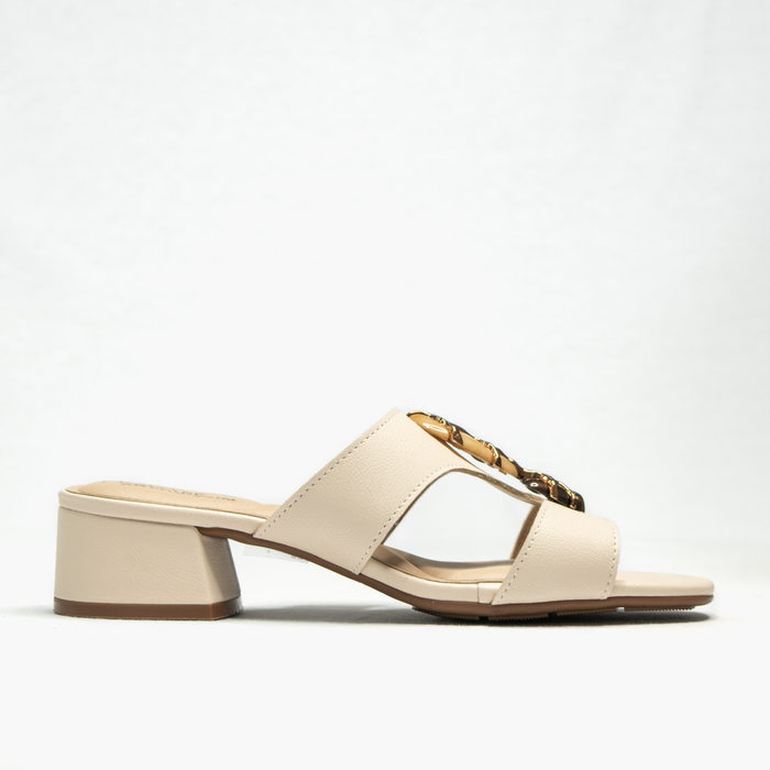 Tamanco Modare Ultra Conforto Tira Grosso Detalhe Pedra Metalizada Salto Grosso Baixo Off White