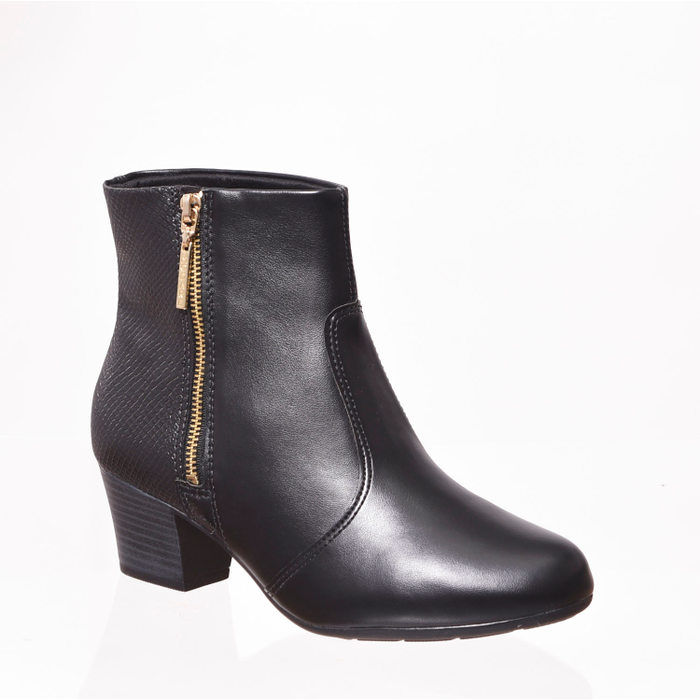 BOTA MODARE ANKLE BOOT DETALHE NAPA COBRA CANO CURTO SALTO BAIXO PRETA