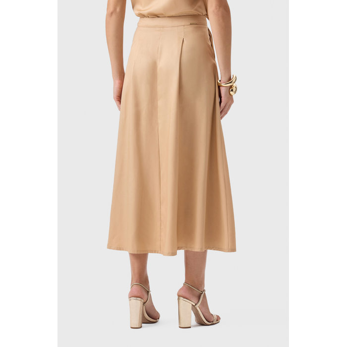 Saia Midi Flor de Lis Liocel Lisa Detalhe Drapeado Bolso Faca Bege