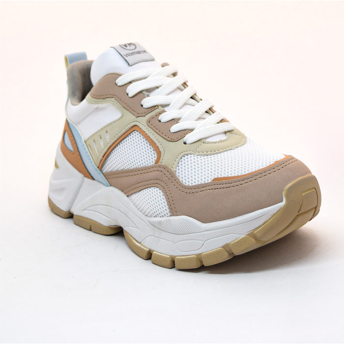 Tênis Chunky Via Marte com Tela Recortes Coloridos Branco e Bege