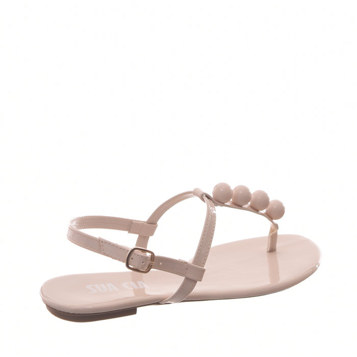 Sandália Rasteira Sua Cia Detalhe Bolas Verniz Bege