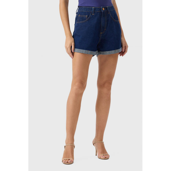 Short Jeans Flor de Lis Mom Algodão com Bolso Barra Dobrada Azul Escuro
