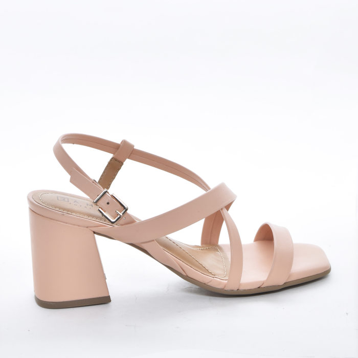 Sandália Ramarim Bico Quadrado Cabedal Tira e X Salto Médio Geométrico Rosa Claro