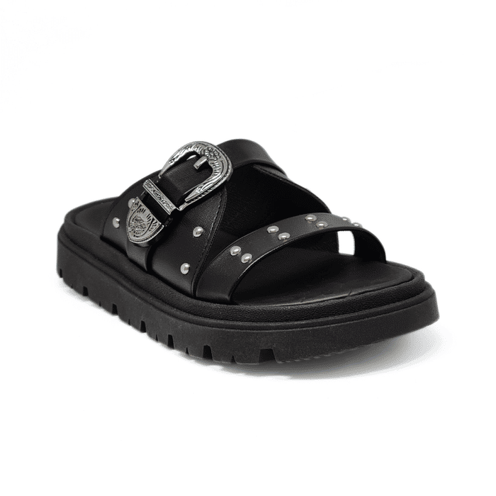 Chinelo Birken Moleca Cabedal Aplicação Metal com Fivela Preto