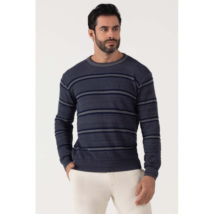 Blusa Suéter Dlz Tricô Algodão Estampa Listras Aplicação Logo Azul