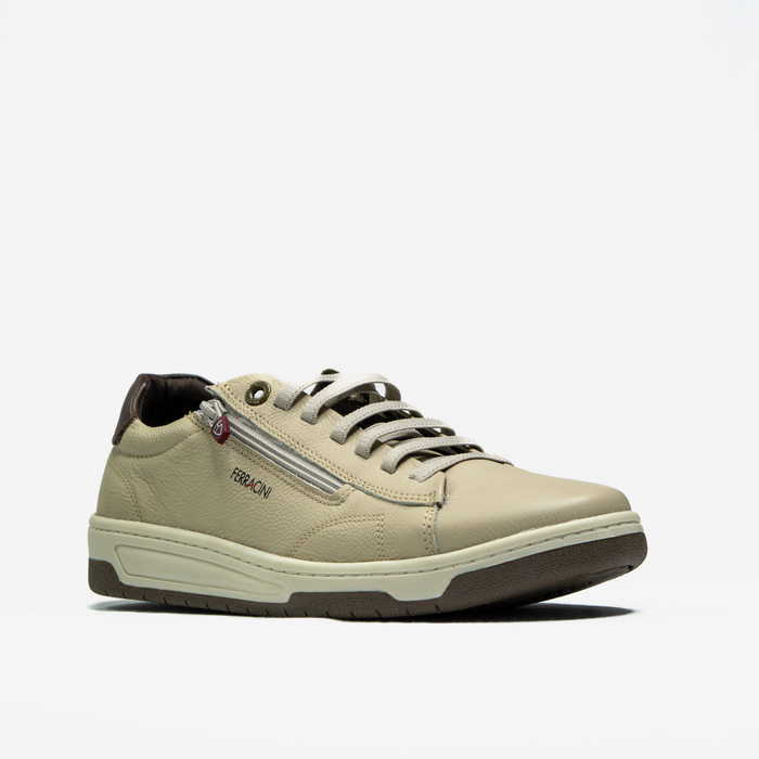 Sapatênis Ferracini Couro Cadarço Elástico Fechamento Zíper Bege