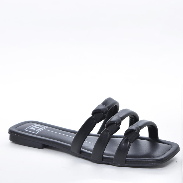 Rasteira Moleca Cabedal Três Tiras com Nó Bico Quadrado Preto