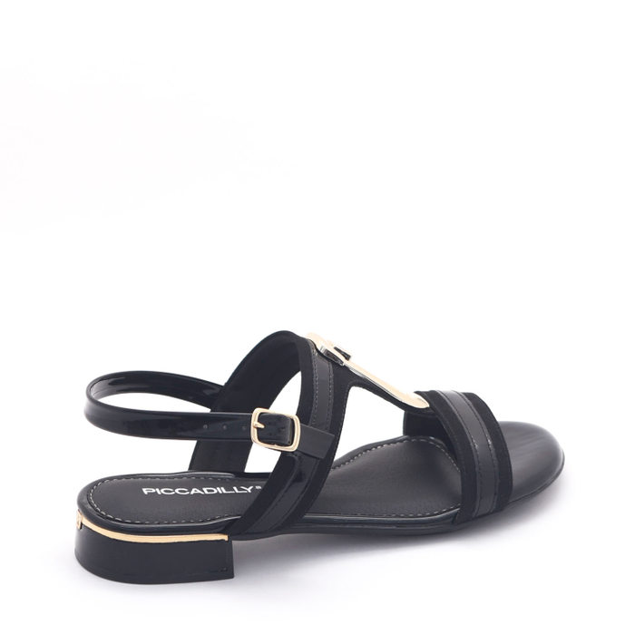 SANDÁLIA RASTEIRA PICCADILLY DETALHE METAL VERNIZ PRETA E DOURADO