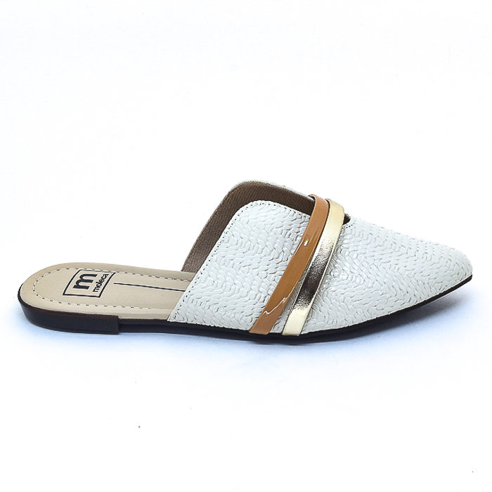 Sapato Mule Moleca Verniz Cabedal Tressê Vazado com Duas Tiras Off White