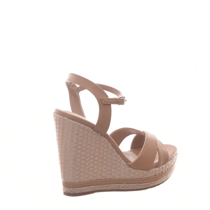 Sandália Via Marte Anabela Salto Detalhe Corda em X Bege