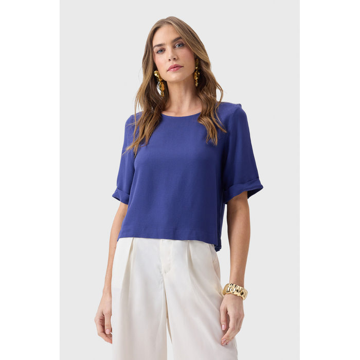Blusa Flor de Lis Viscose Manga Curta 3/4 Dobrada Azul Marinho