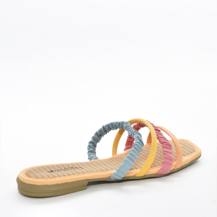 Rasteira Mississipi Bico Quadrado Cabedal Tiras Finas Coloridas Elásticas Salmão