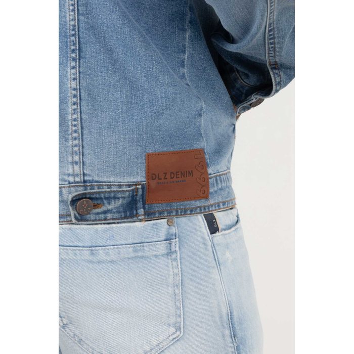 Jaqueta Jeans Dlz Algodão Gola Colarinho Lisa com Bolsos Azul Médio