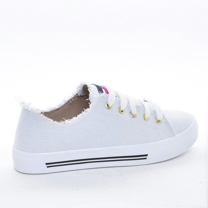 Tênis Moleca Lona Liso Detalhe Desfiado Aplicação Logo Solado Listras Branco