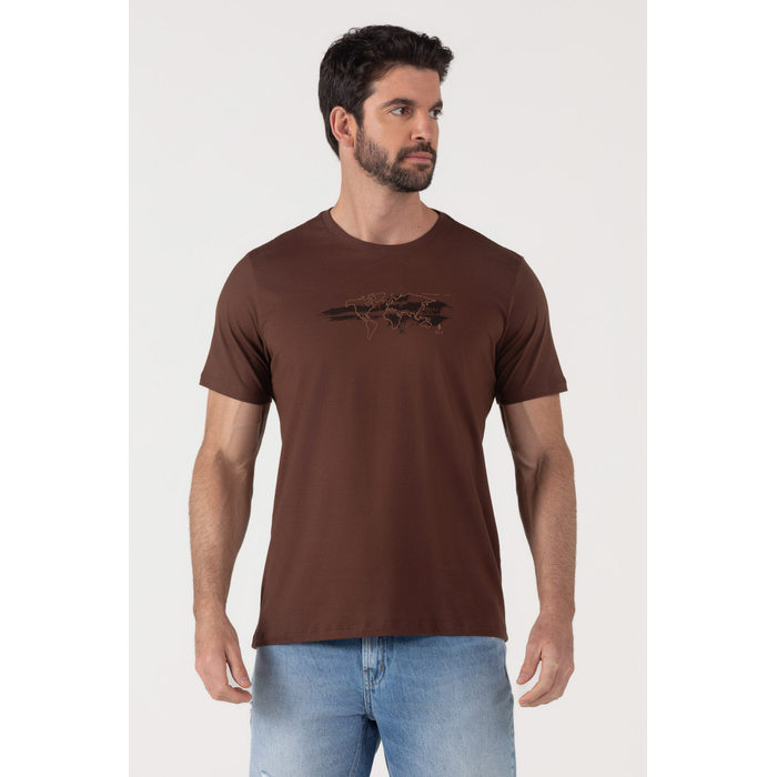 Camiseta Dlz Algodão Manga Curta Estampa Mapa Emborrachado Marrom