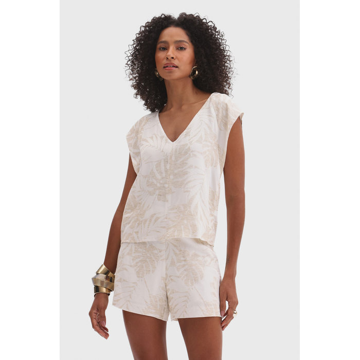 Blusa Flor de Lis Viscose Linho Decote V Manga Curta Estampa Folhas Off White