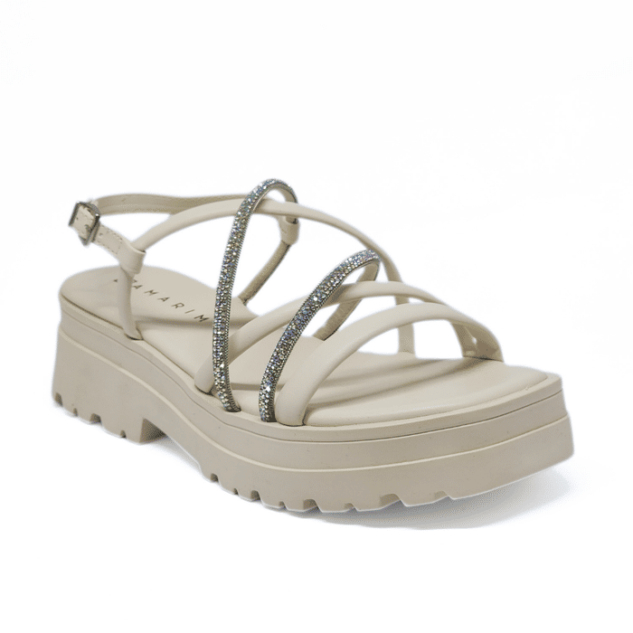 Sandália Papete Ramarim Tiras Transpassada Aplicação Strass Solado Tratorado Off White
