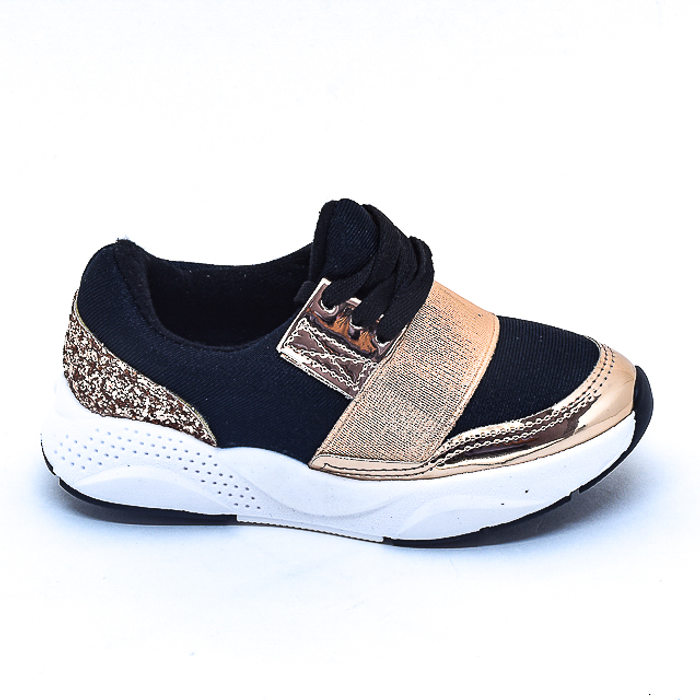 Tênis Molekinha Recortes Metalizado com Glitter Preto e Rosê