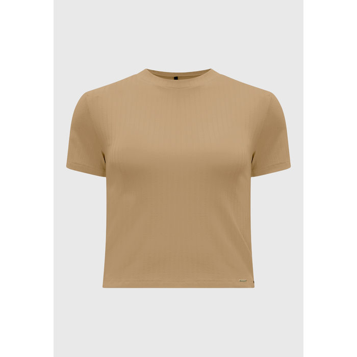 Blusa Lunender Malha Canelada Gola Alta Manga Curta Básica Bege