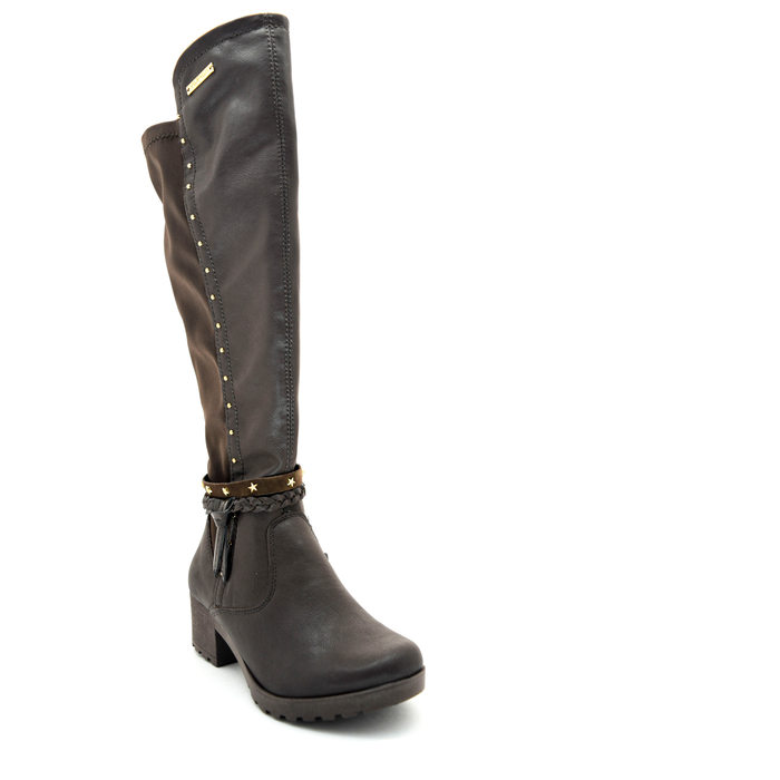 Bota Cano Longo Pink Cats Salto Grosso Detalhe Lycra Aplicação Tachas Marrom