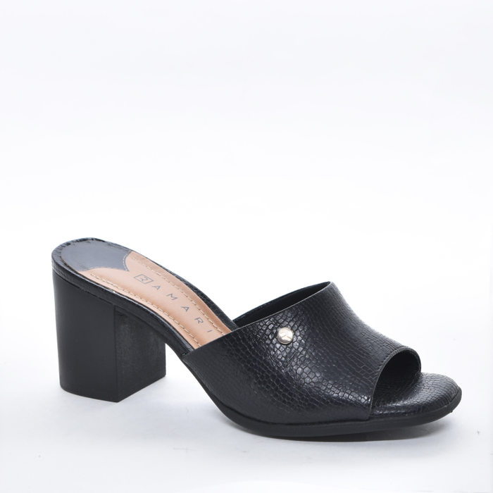 Tamanco Ramarim Cabedal Tira Larga Mini Croco Bico Redondo Salto Médio Preto