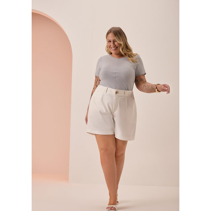 Blusa Lunender Viscose Elastano Malha Canelada Manga Curta Básica Lisa Branco