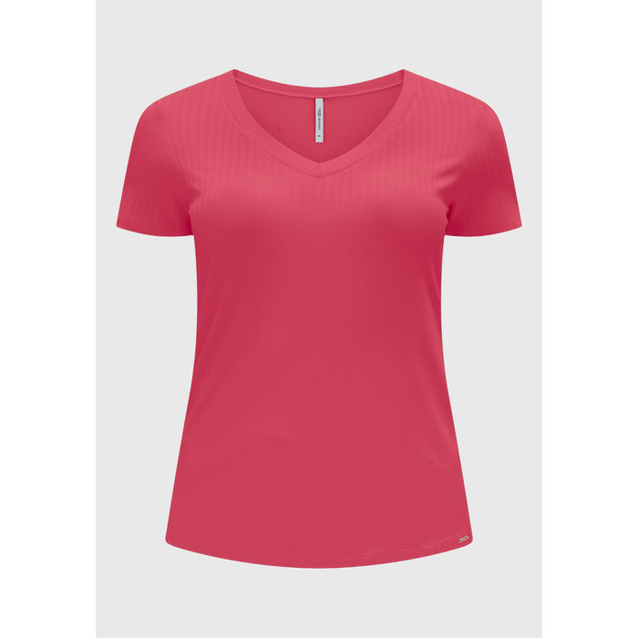 Blusa Lunender Viscose Elastano Malha Canelada Decote V Manga Curta Básica Rosa