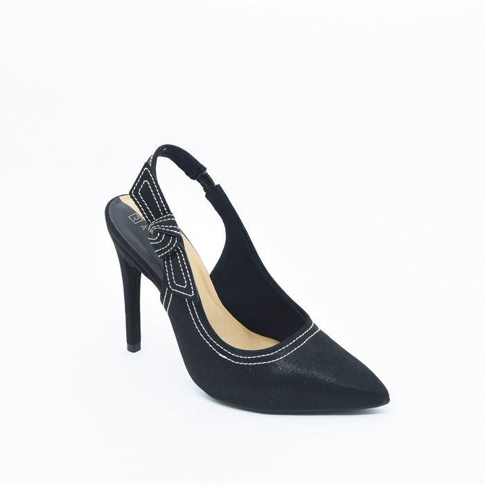 Sapato Chanel Ramarim Tecido Bico Fino Detalhe Laço Costura Preto