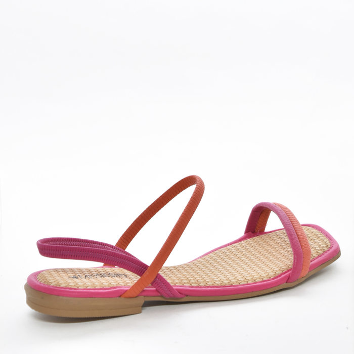 Sandália Mississipi Bico Quadrado Cabedal com Tiras Trabalhadas Salto Rasteiro Rosa e Coral