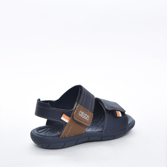 Sandália Papete Klin Anatômico Fechamento Dois Velcro Detalhe Costura Azul Marinho e Marrom