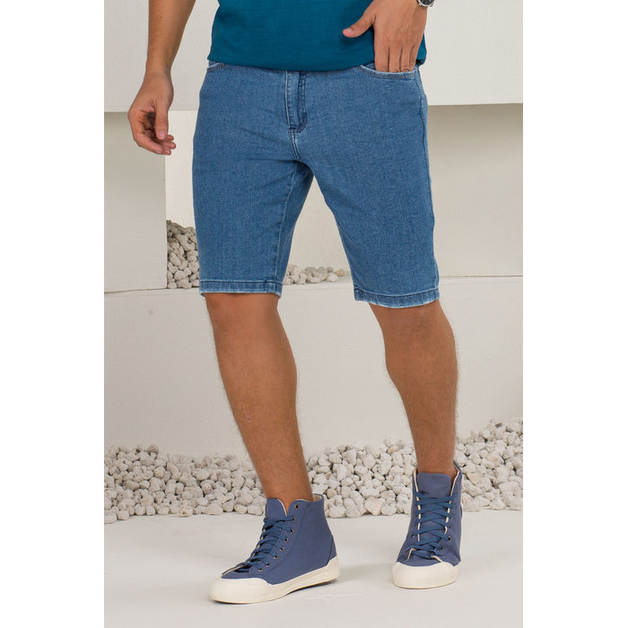 Bermuda Jeans Dlz Slim APVE com Bolso Aplicação Bordado Logo Azul Médio