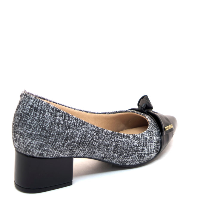 SAPATO MODARE BICO FINO SALTO GROSSO COM NÓ DETALHE VERNIZ PRETO MESCLA/PRETO