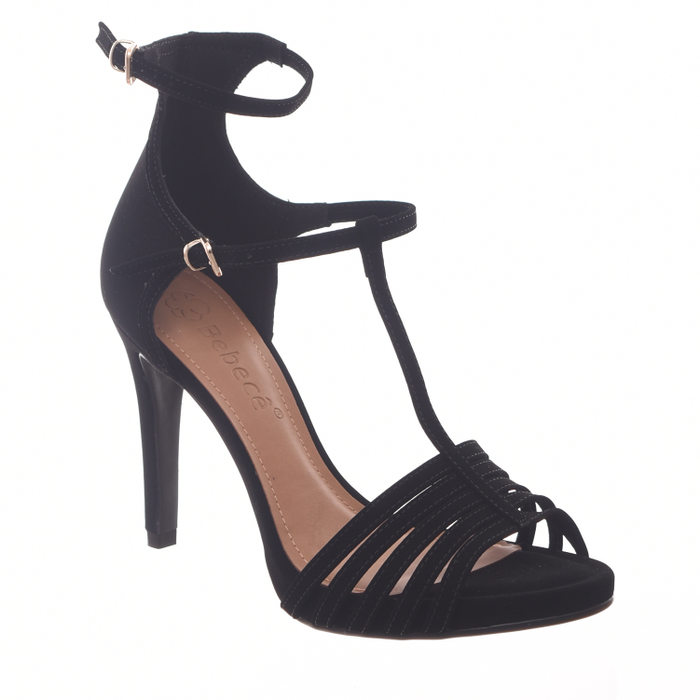 Sandália Bebecê Salto Fino Calcanhar Fechado Detalhe Tiras Nobuck Preta