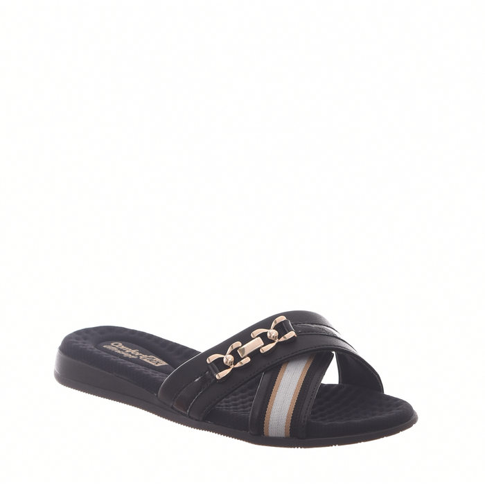 SANDÁLIA RASTEIRA COMFORTFLEX ULTRASOFT EM X DETALHE FIVELA E LISTRA PRETA