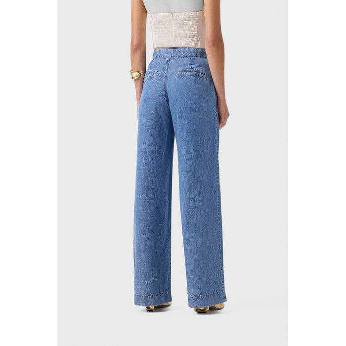 Calça Jeans Flor de Lis Wide Leg Liocel Algodão Bolso Faca Azul Claro