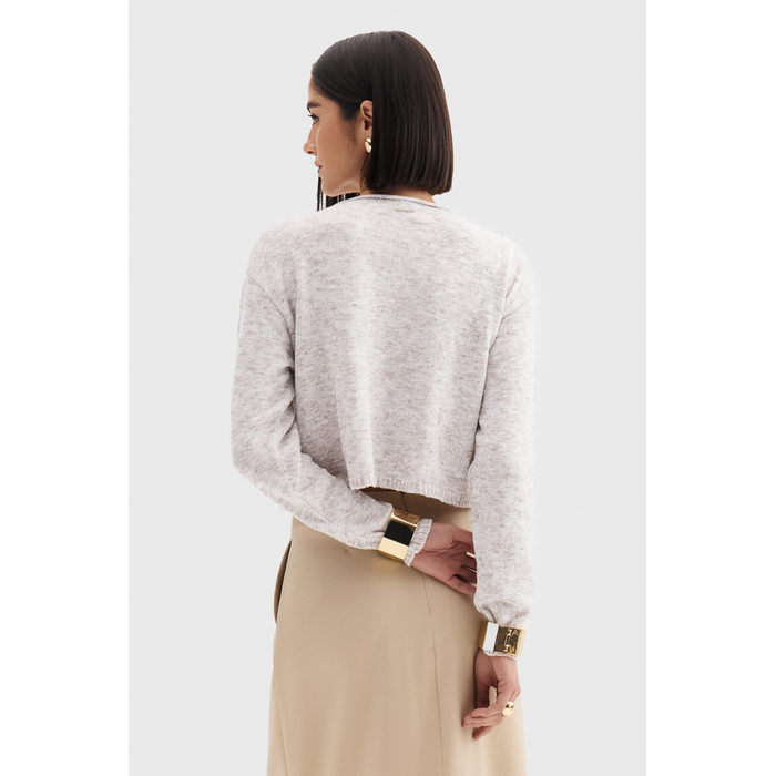 Blusa Cropped Flor de Lis Lã Acrílico Poliamida Manga Longa Lisa Off White