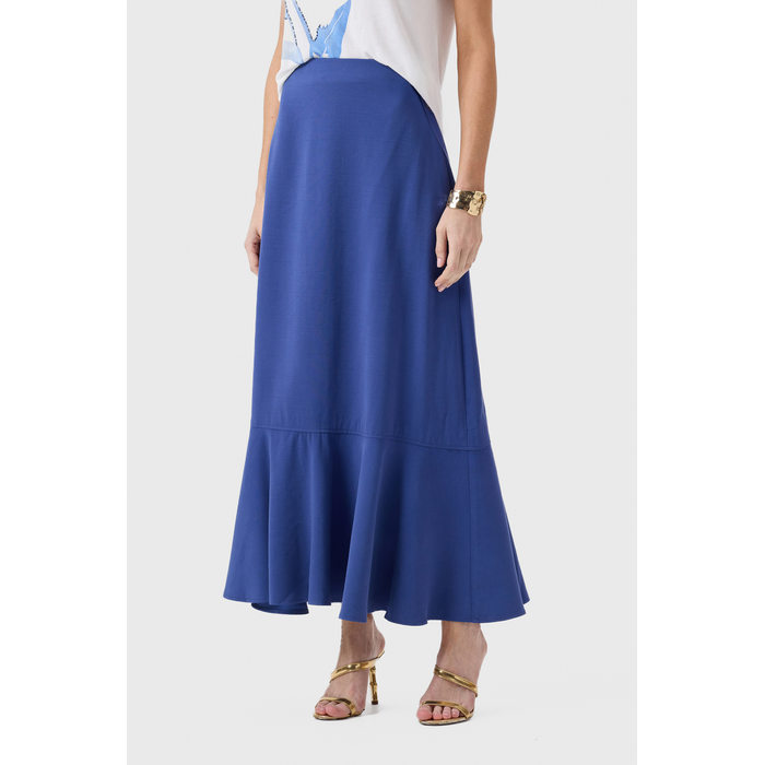 Saia Midi Flor de Lis Viscose Poliéster Liso Fechamento Zíper Azul