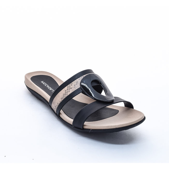 Tamanco Piccadilly Cabedal DuasTiras Croco com Metal Preto e Bege