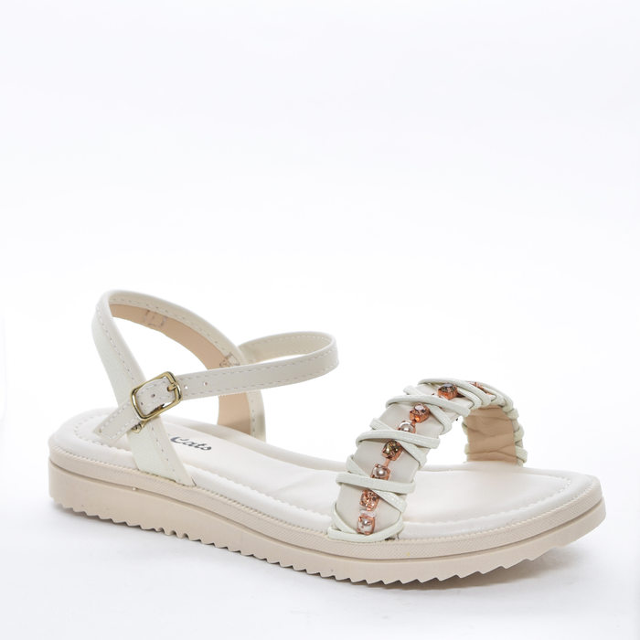 Sandália Flaform Pink Cats Cabedal Tira Larga Detalhe X com Pérolas Solado Tratorado Off White