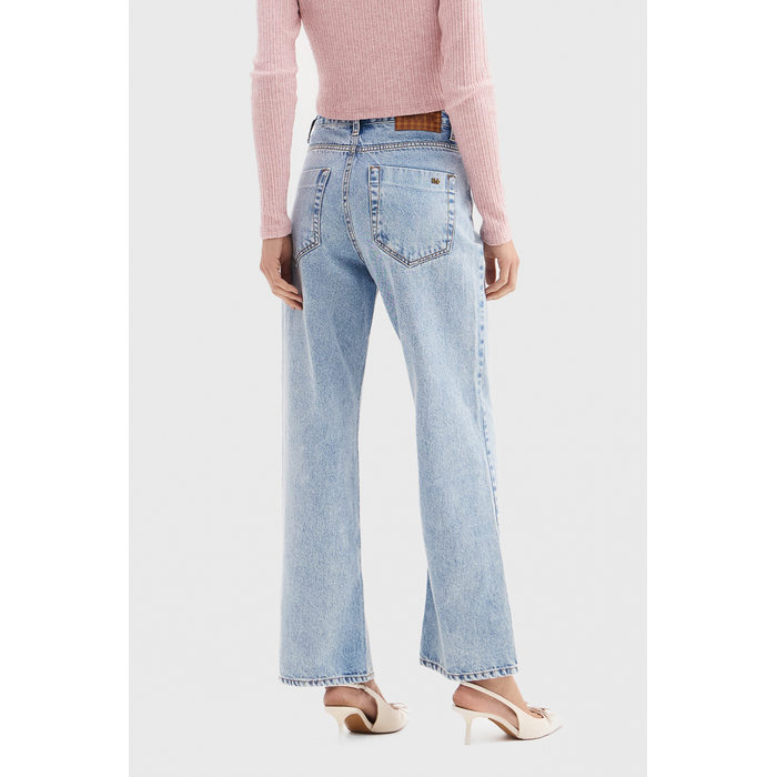 Calça Jeans Flor de Lis Wide Cropped Algodão Marmorizada com Bolso Azul Claro